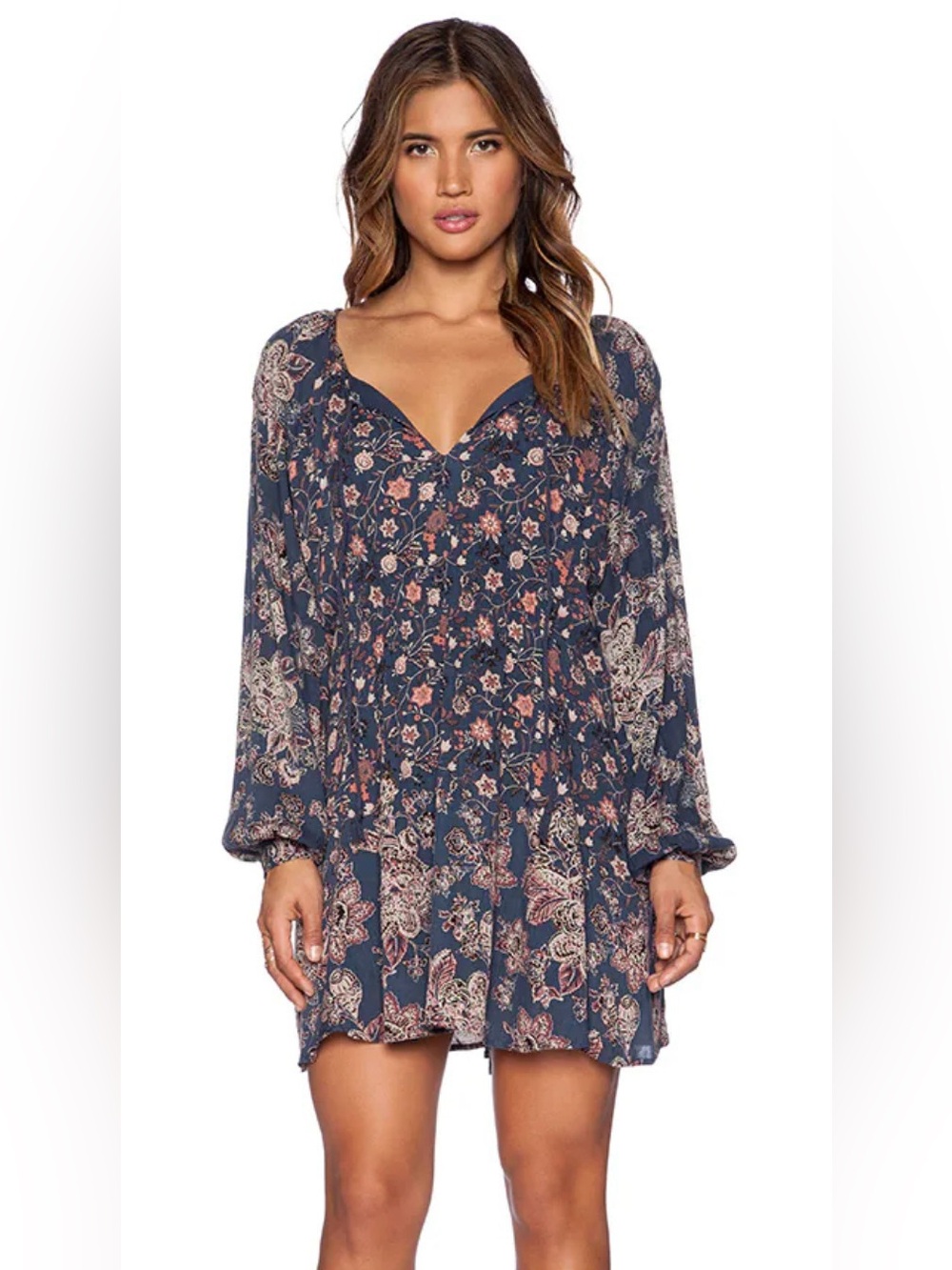 Free People Lucky Loosey Indigo Tie-Neck Loose Fitting Mini Dress Boho Chic